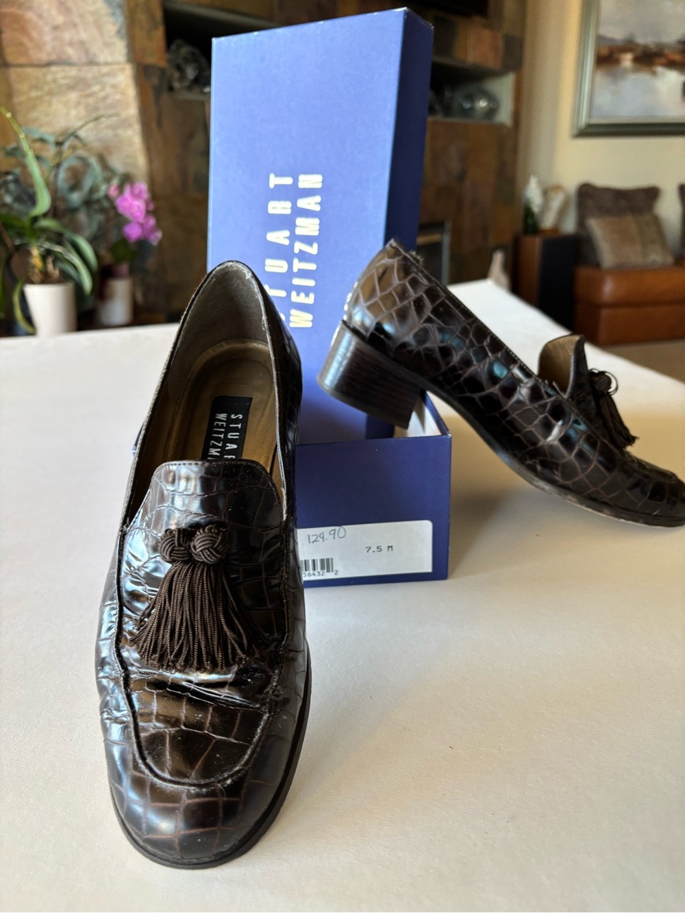 Stuart Weitzman Dark Brown Croc-Embossed Tassel Woman’s Loafers